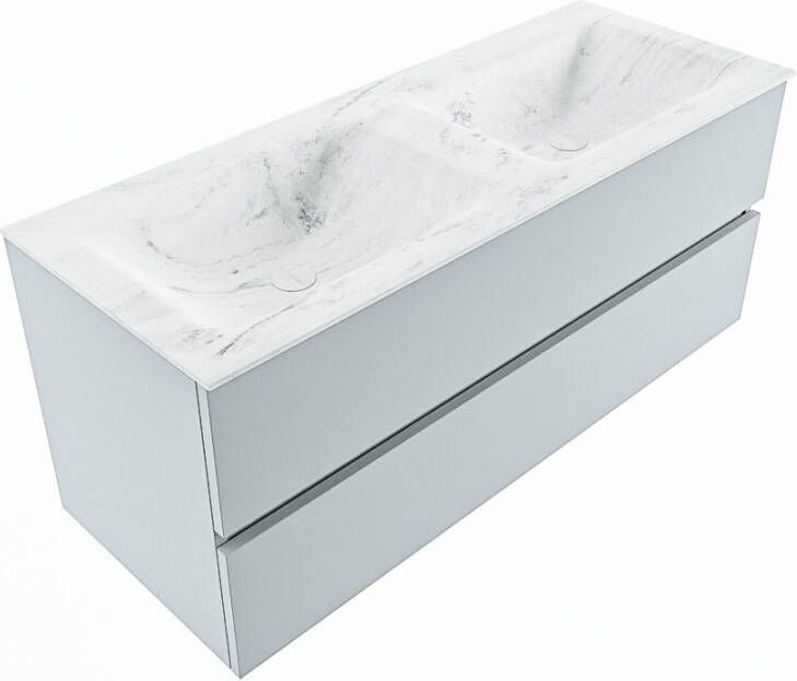 Mondiaz Vica Dlux badmeubel 120cm Clay Cloud wastafel Opalo dubbel met 2 kraangaten