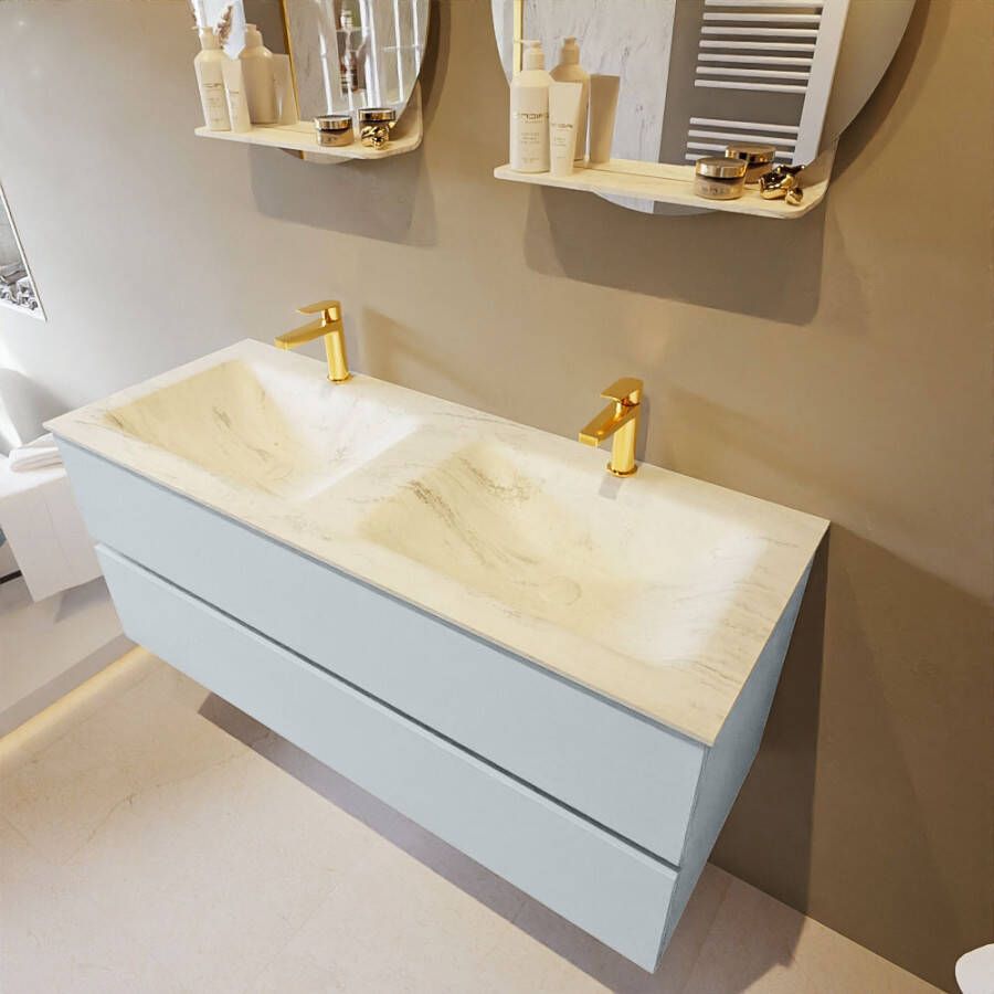 Mondiaz Vica Dlux badmeubel 120cm Clay Cloud wastafel Opalo dubbel met 2 kraangaten
