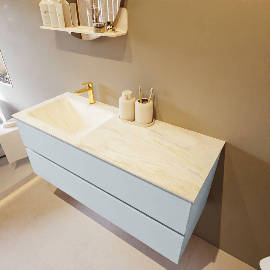 Mondiaz Vica Dlux badmeubel 120cm Clay Cloud wastafel Ostra links met 1 kraangat