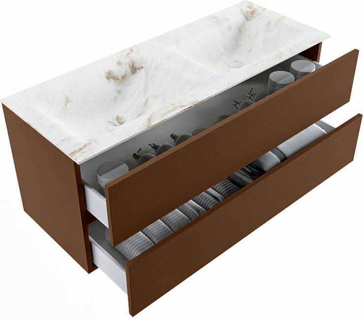 Mondiaz Vica Dlux badmeubel 120cm Rust Cloud wastafel Frappe dubbel met 2 kraangaten