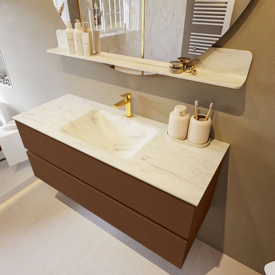 Mondiaz Vica Dlux badmeubel 120cm Rust Cloud wastafel Opalo midden met 1 kraangat