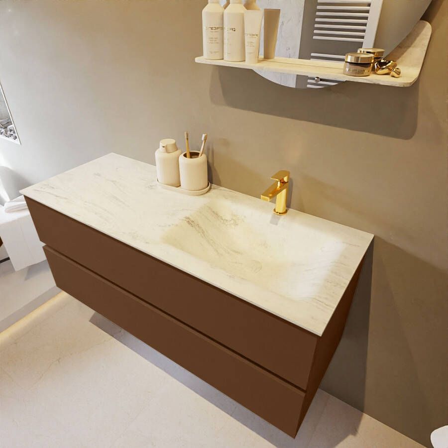 Mondiaz Vica Dlux badmeubel 120cm Rust Cloud wastafel Opalo rechts met 1 kraangat
