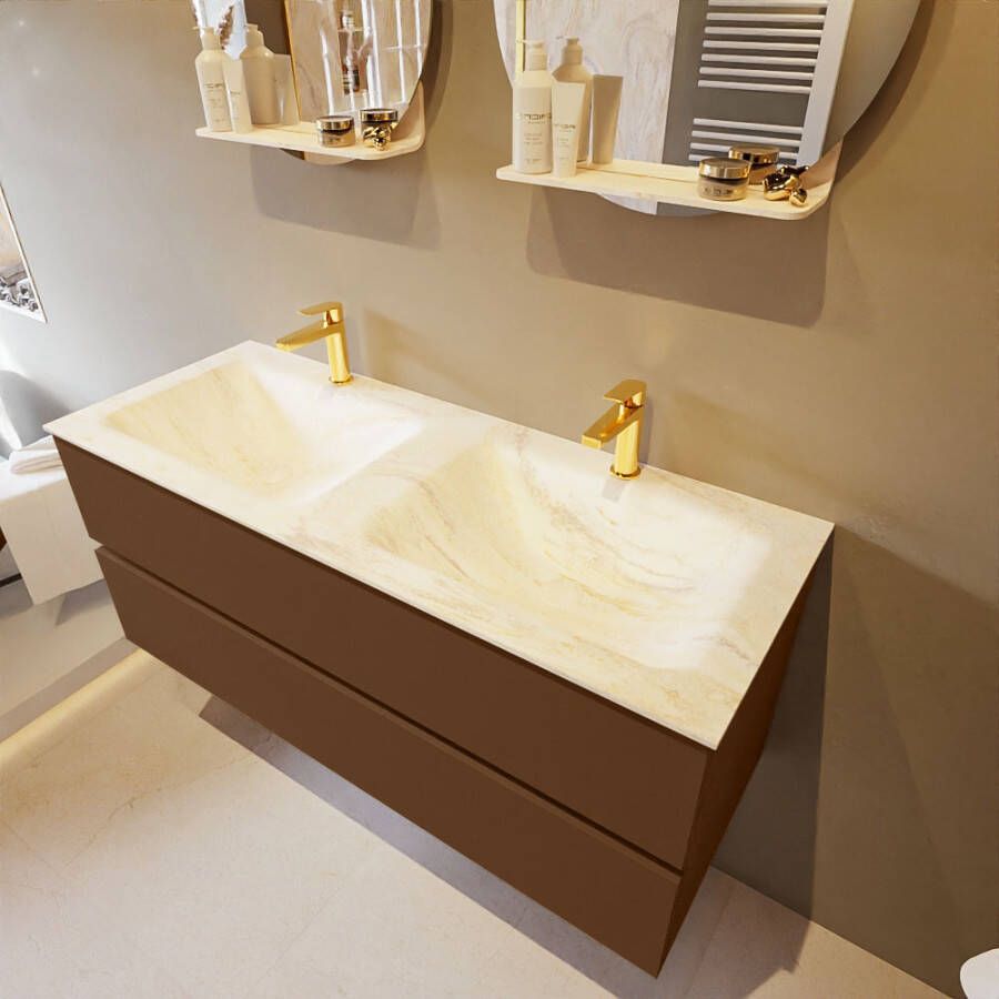 Mondiaz Vica Dlux badmeubel 120cm Rust Cloud wastafel Ostra dubbel met 2 kraangaten