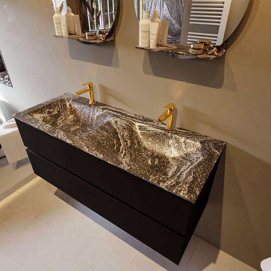 Mondiaz Vica Dlux badmeubel 120cm Urban Cloud wastafel Lava dubbel met 2 kraangaten