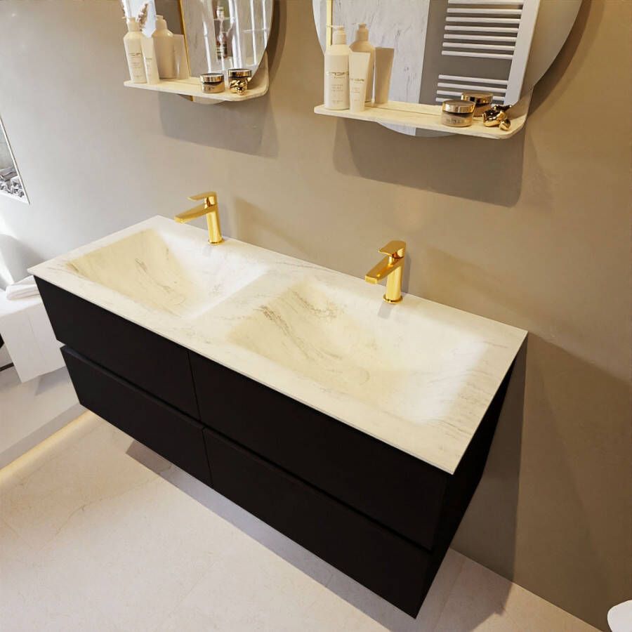 Mondiaz Vica Dlux badmeubel 120cm Urban Cloud wastafel Opalo dubbel met 2 kraangaten