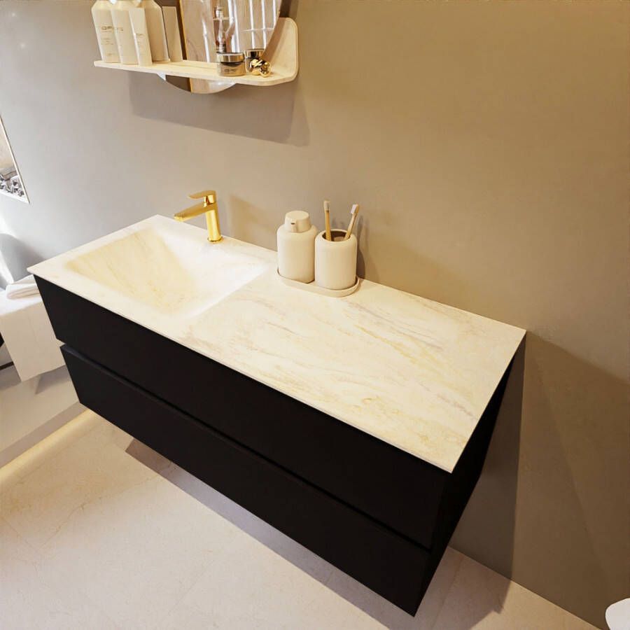 Mondiaz Vica Dlux badmeubel 120cm Urban Cloud wastafel Ostra links met 1 kraangat