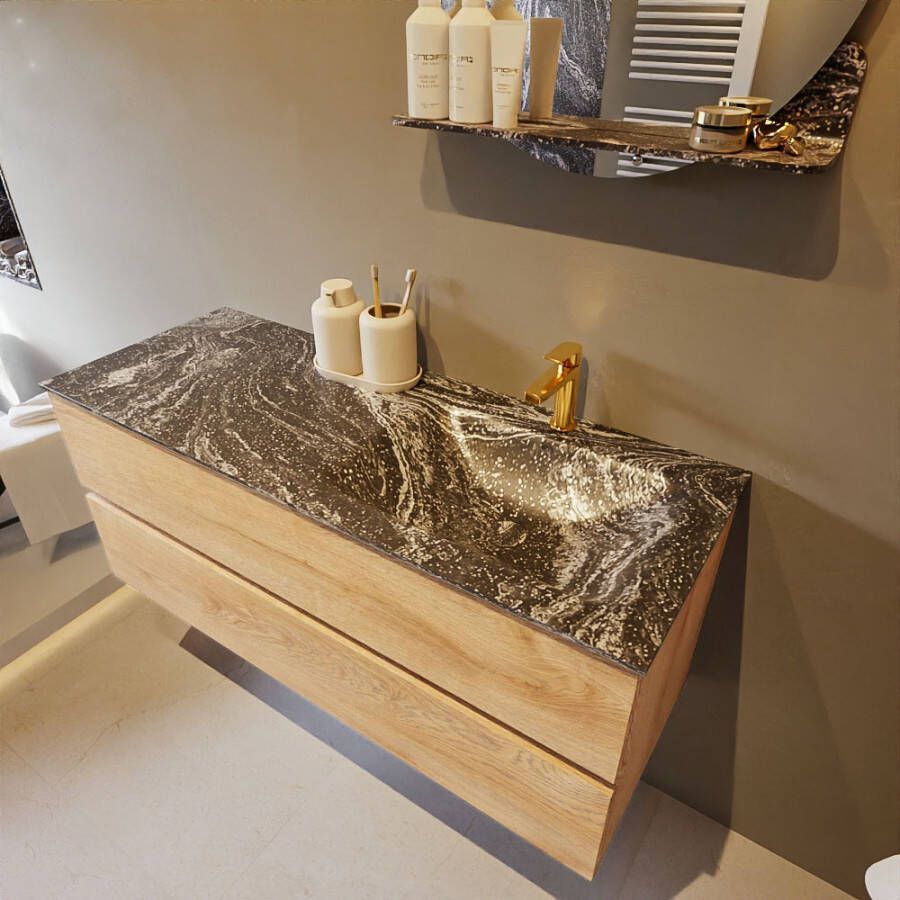 Mondiaz Vica Dlux badmeubel 120cm Washed Oak Cloud wastafel Lava rechts met 1 kraangat