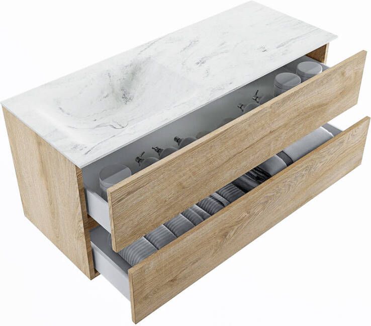 Mondiaz Vica Dlux badmeubel 120cm Washed Oak Cloud wastafel Opalo links met 1 kraangat