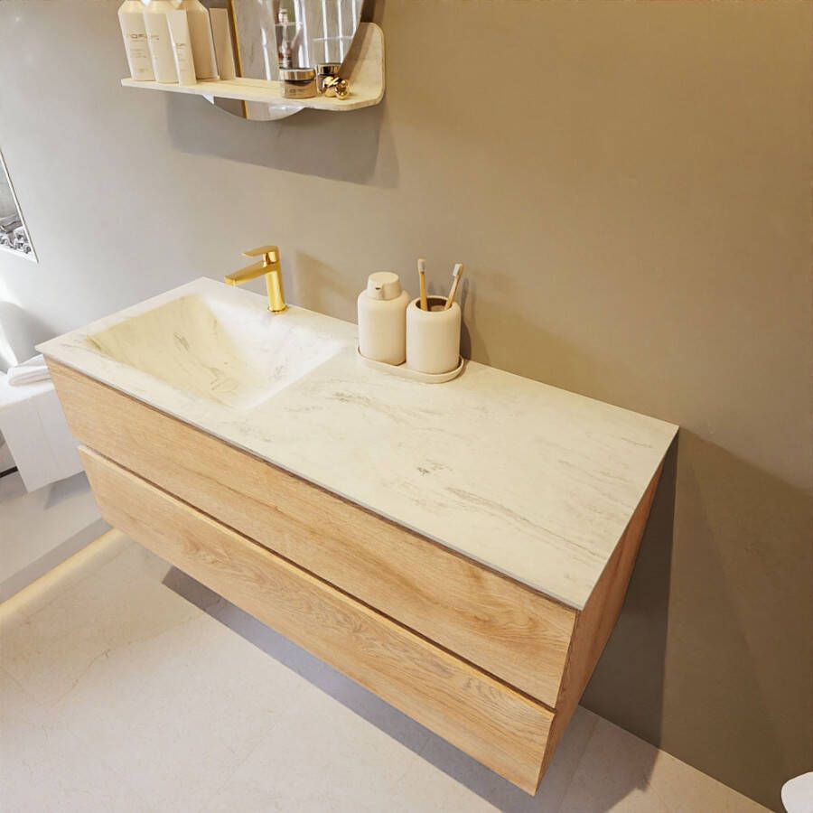 Mondiaz Vica Dlux badmeubel 120cm Washed Oak Cloud wastafel Opalo links met 1 kraangat