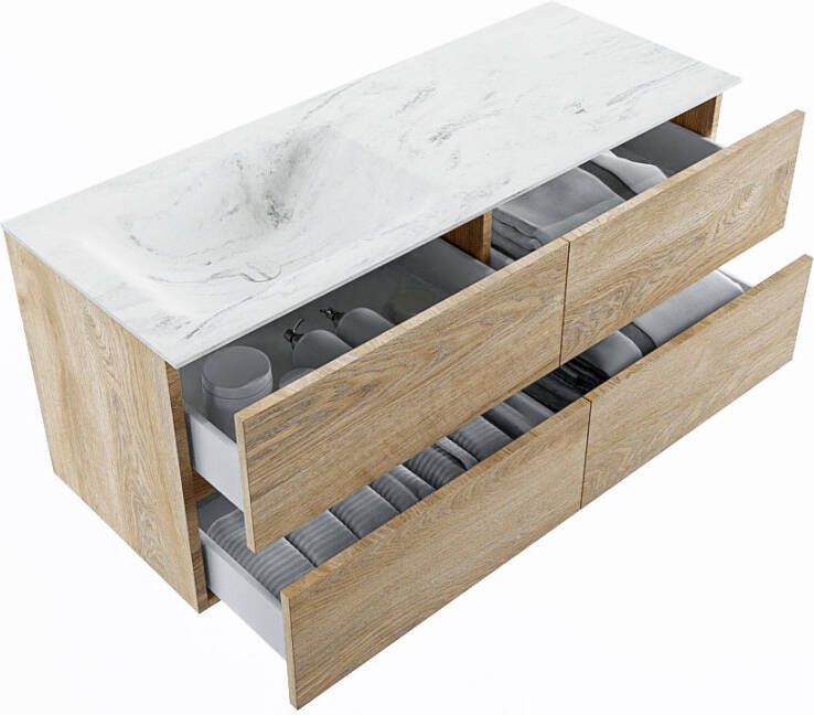 Mondiaz Vica Dlux badmeubel 120cm Washed Oak Cloud wastafel Opalo links zonder kraangat