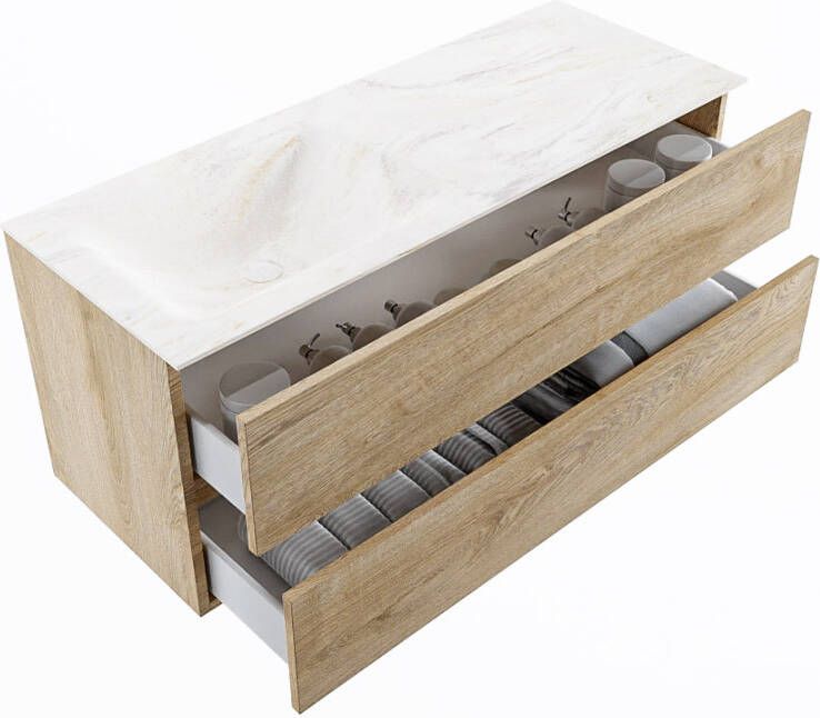 Mondiaz Vica Dlux badmeubel 120cm Washed Oak Cloud wastafel Ostra links zonder kraangat