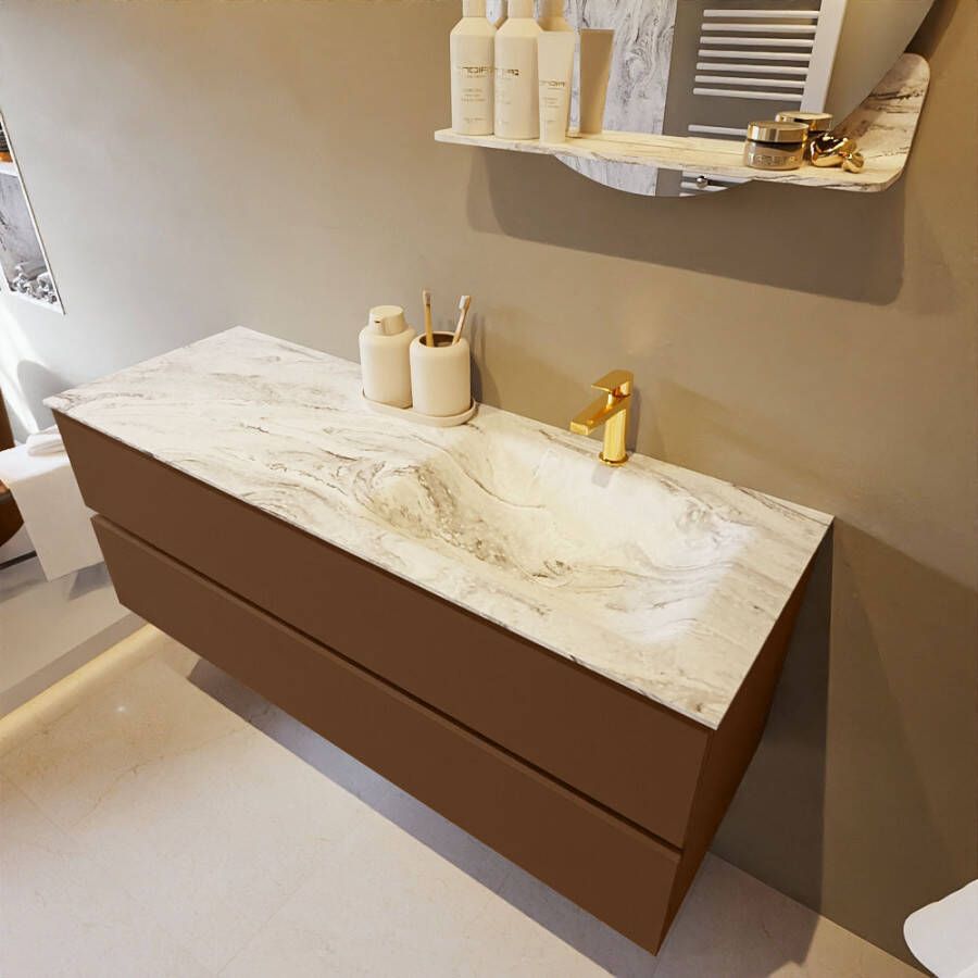 Mondiaz Vica Dlux badmeubel 130cm Rust Cloud wastafel Glace rechts met 1 kraangat