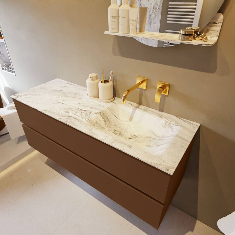 Mondiaz Vica Dlux badmeubel 130cm Rust Cloud wastafel Glace rechts zonder kraangat