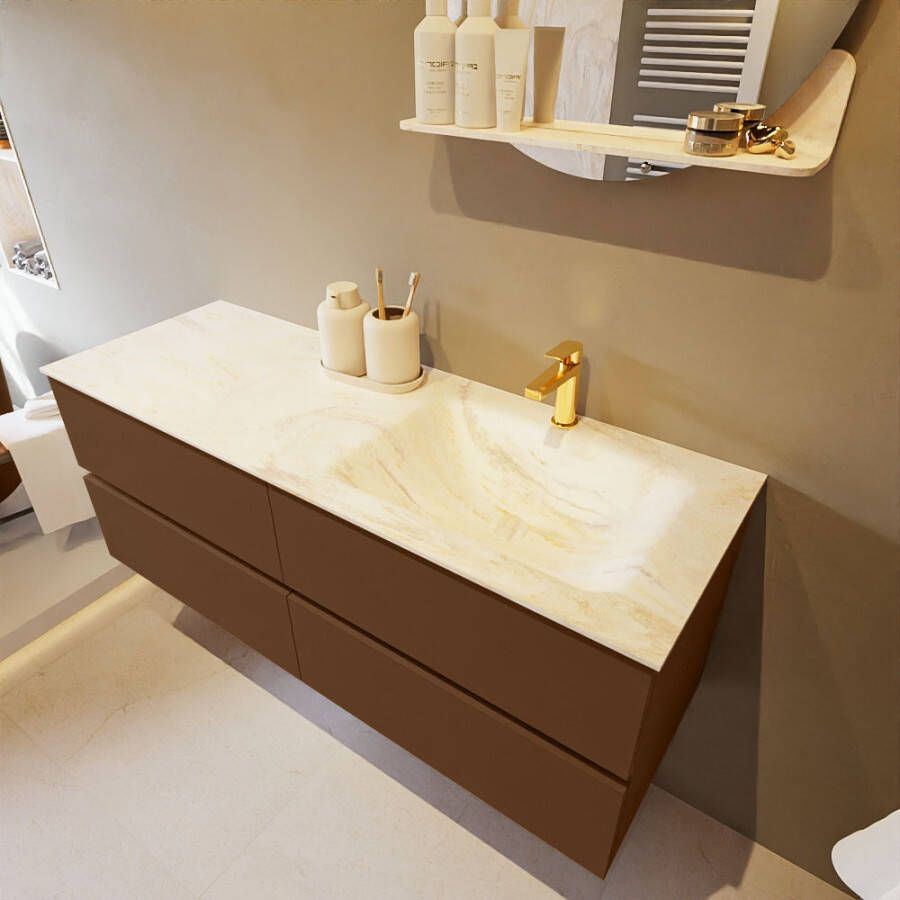 Mondiaz Vica Dlux badmeubel 130cm Rust Cloud wastafel Ostra rechts met 1 kraangat