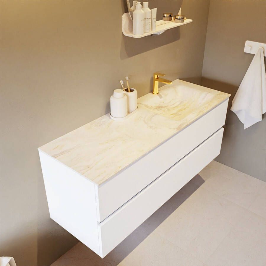 Mondiaz Vica Dlux badmeubel 130cm Talc Cloud wastafel Ostra rechts met 1 kraangat