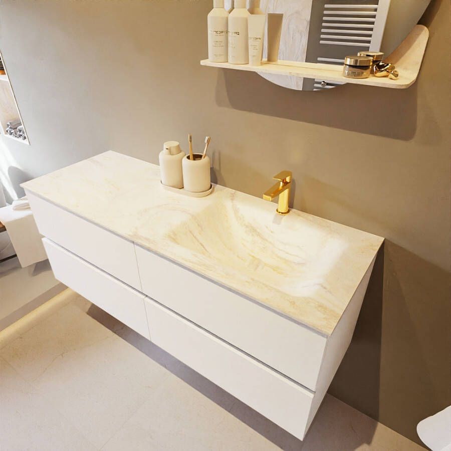 Mondiaz Vica Dlux badmeubel 130cm Talc Cloud wastafel Ostra rechts met 1 kraangat