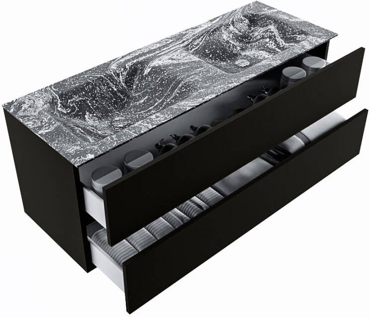 Mondiaz Vica Dlux badmeubel 130cm Urban Cloud wastafel Lava dubbel met 2 kraangaten