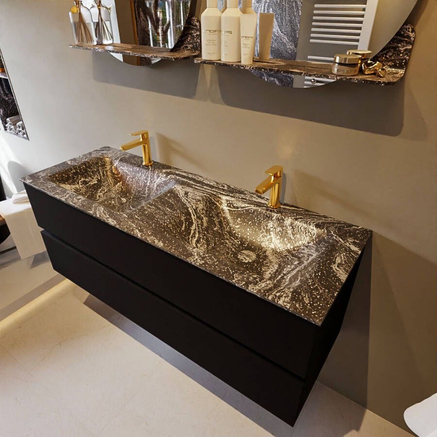 Mondiaz Vica Dlux badmeubel 130cm Urban Cloud wastafel Lava dubbel met 2 kraangaten