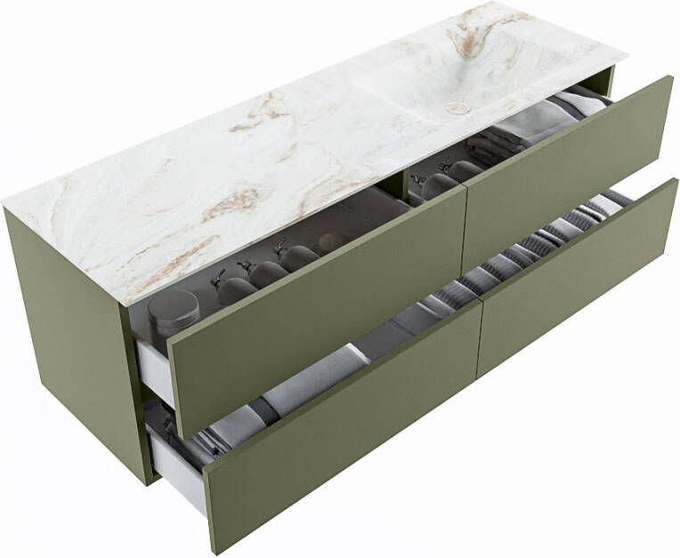 Mondiaz Vica Dlux badmeubel 150cm Army Cloud wastafel Frappe rechts zonder kraangat