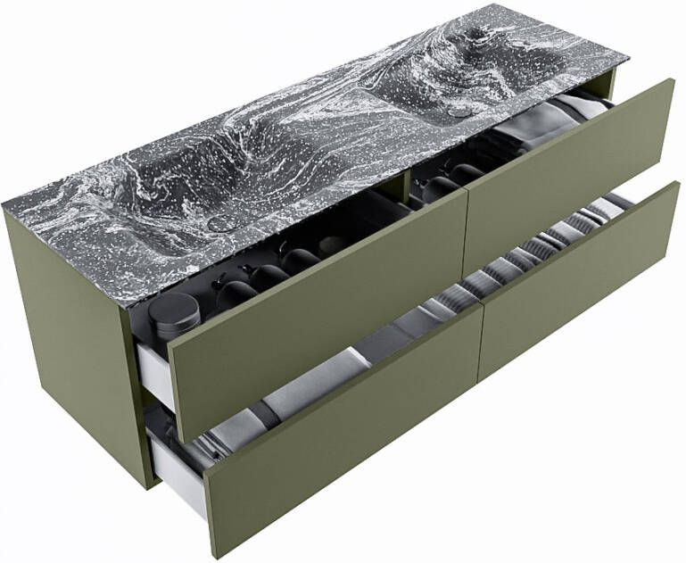Mondiaz Vica Dlux badmeubel 150cm Army Cloud wastafel Lava dubbel zonder kraangat
