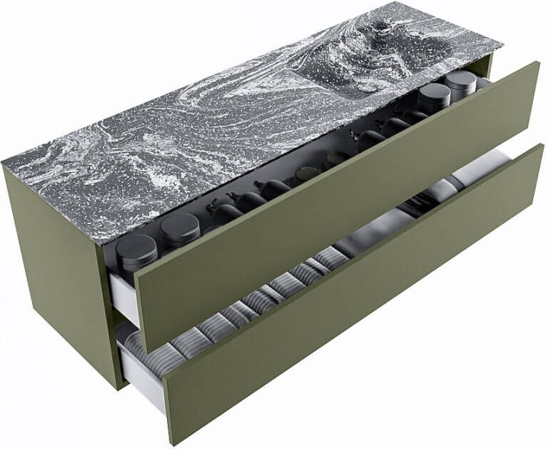 Mondiaz Vica Dlux badmeubel 150cm Army Cloud wastafel Lava rechts zonder kraangat