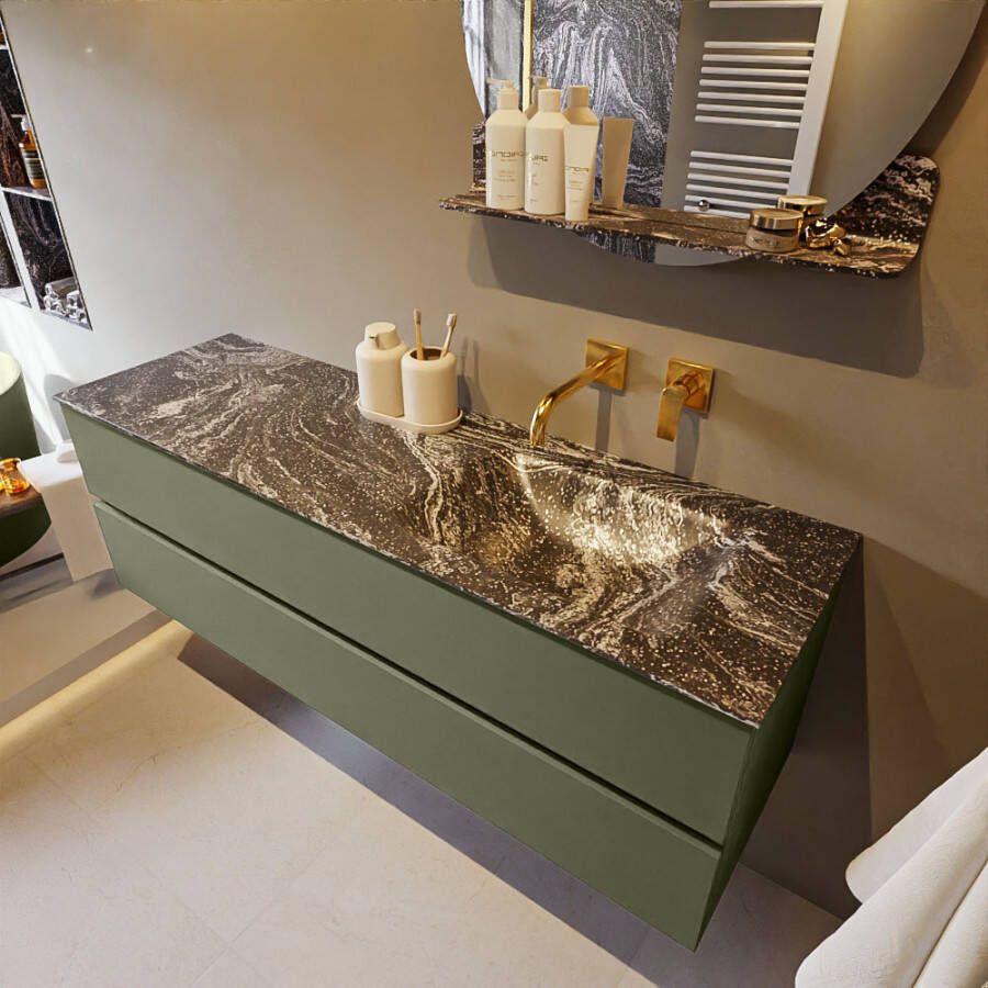 Mondiaz Vica Dlux badmeubel 150cm Army Cloud wastafel Lava rechts zonder kraangat