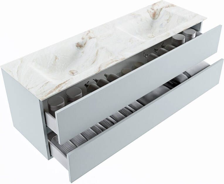 Mondiaz Vica Dlux badmeubel 150cm Clay Cloud wastafel Frappe dubbel met 2 kraangaten
