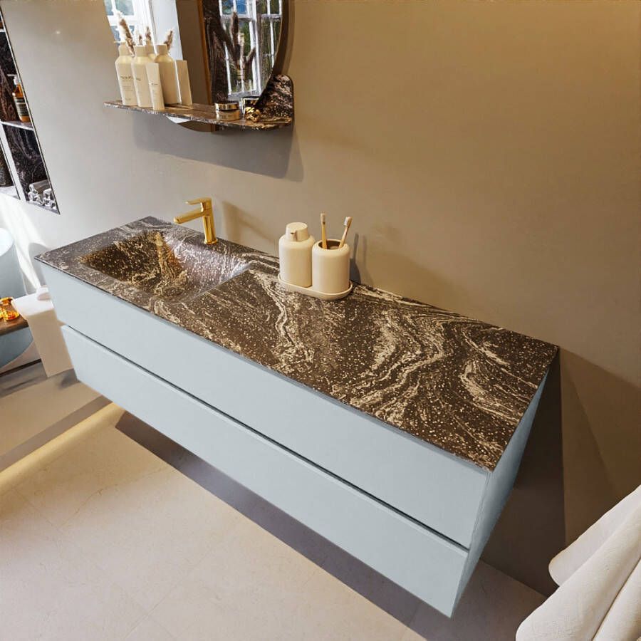 Mondiaz Vica Dlux badmeubel 150cm Clay Cloud wastafel Lava links met 1 kraangat