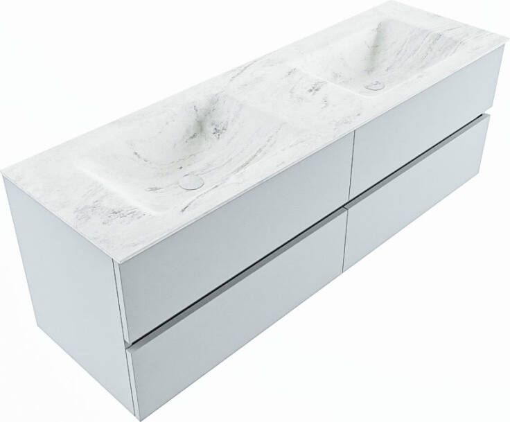 Mondiaz Vica Dlux badmeubel 150cm Clay Cloud wastafel Opalo dubbel met 2 kraangaten