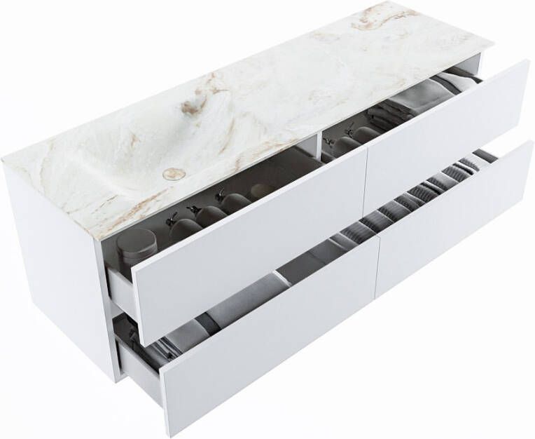 Mondiaz Vica Dlux badmeubel 150cm Talc Cloud wastafel Frappe links zonder kraangat