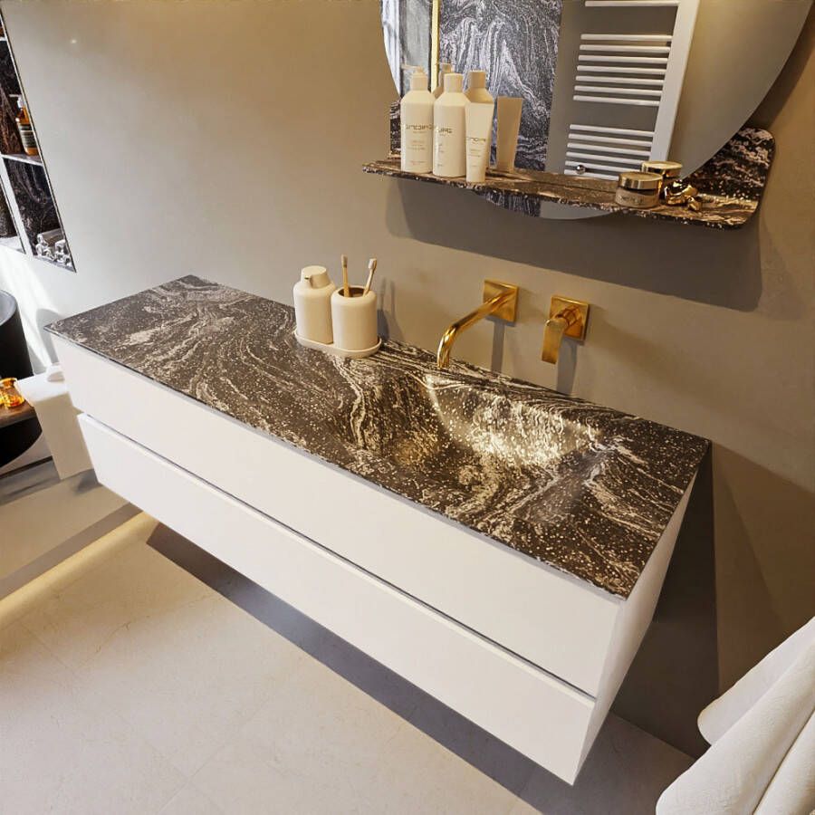 Mondiaz Vica Dlux badmeubel 150cm Talc Cloud wastafel Lava rechts zonder kraangat