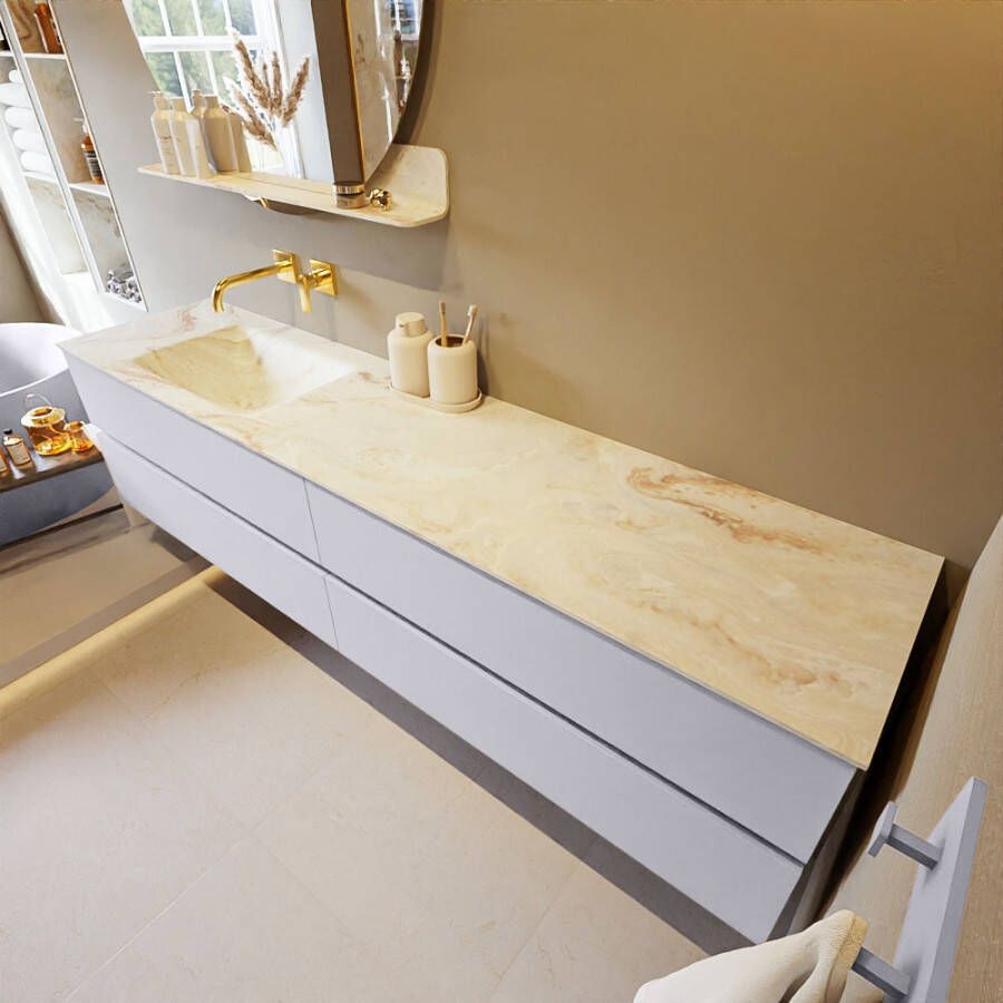 Mondiaz Vica Dlux badmeubel 200cm Cale Cloud wastafel Frappe links zonder kraangat