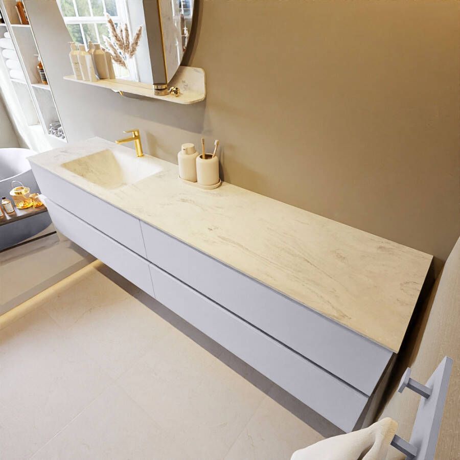 Mondiaz Vica Dlux badmeubel 200cm Cale Cloud wastafel Opalo links met 1 kraangat