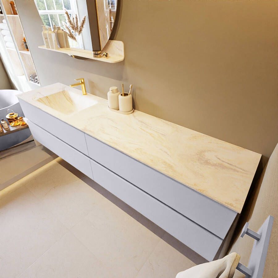 Mondiaz Vica Dlux badmeubel 200cm Cale Cloud wastafel Ostra links met 1 kraangat