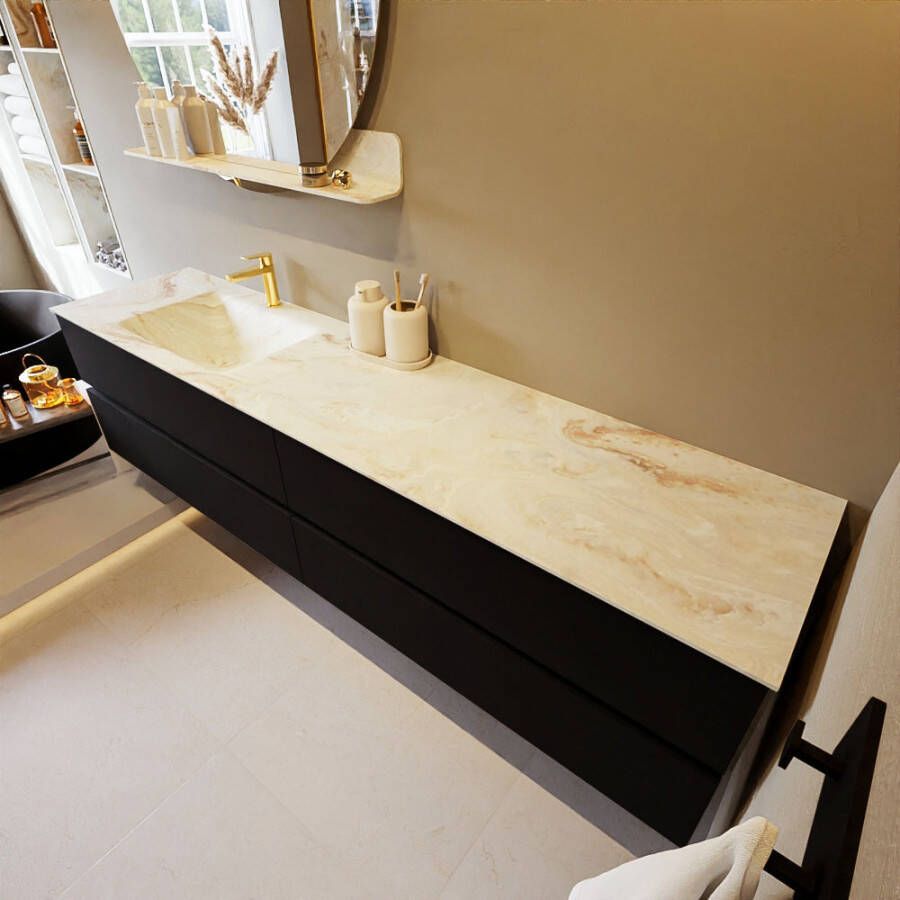 Mondiaz Vica Dlux badmeubel 200cm Urban Cloud wastafel Frappe links met 1 kraangat