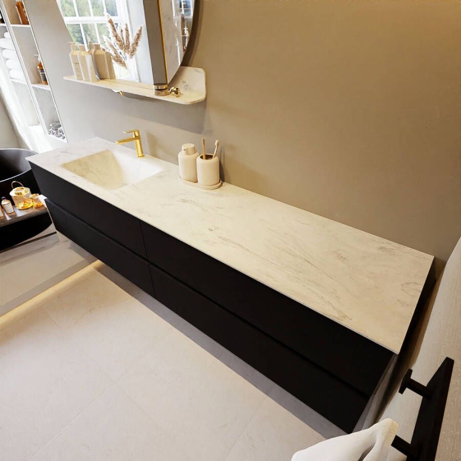 Mondiaz Vica Dlux badmeubel 200cm Urban Cloud wastafel Opalo links met 1 kraangat