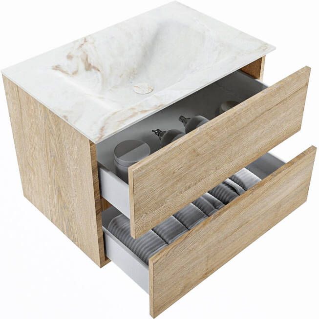 Mondiaz Vica Dlux badmeubel 70cm Washed Oak Cloud wastafel Frappe midden met 1 kraangat