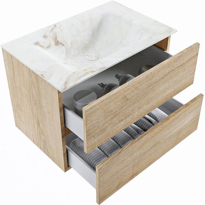Mondiaz Vica Dlux badmeubel 70cm Washed Oak Cloud wastafel Frappe midden zonder kraangat