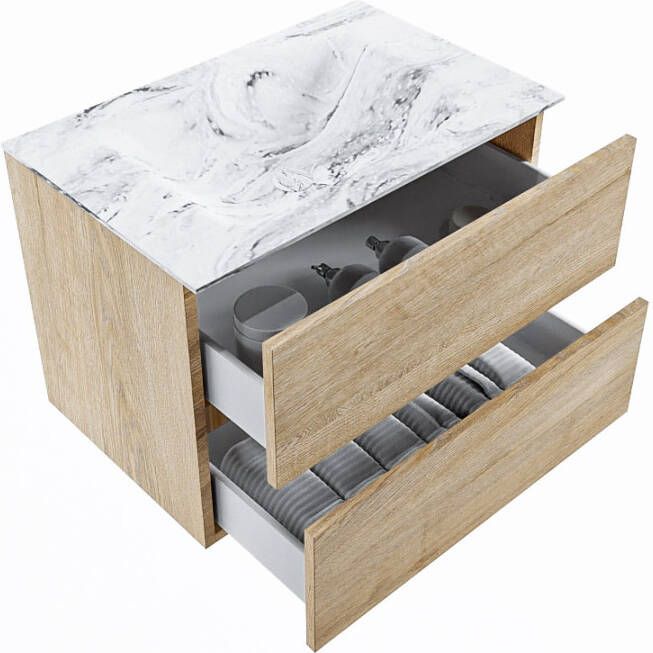Mondiaz Vica Dlux badmeubel 70cm Washed Oak Cloud wastafel Glace midden met 1 kraangat