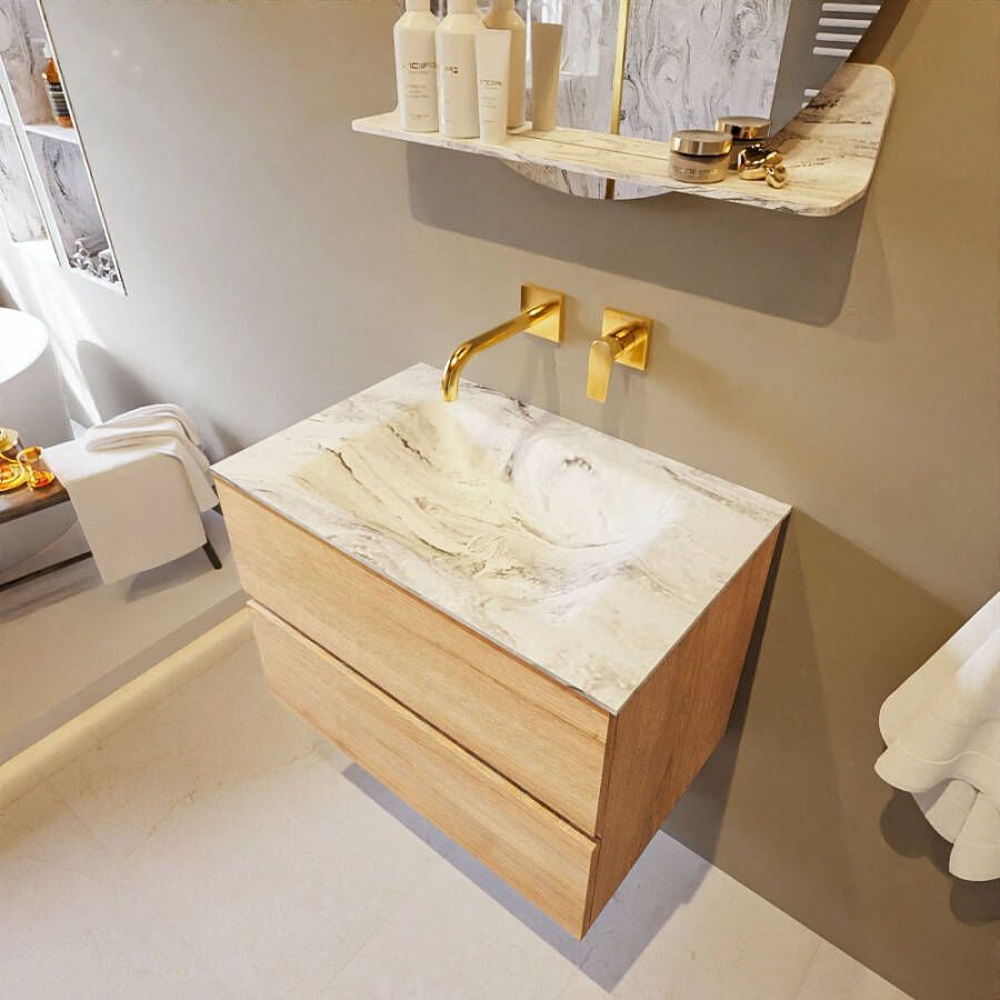 Mondiaz Vica Dlux badmeubel 70cm Washed Oak Cloud wastafel Glace midden zonder kraangat