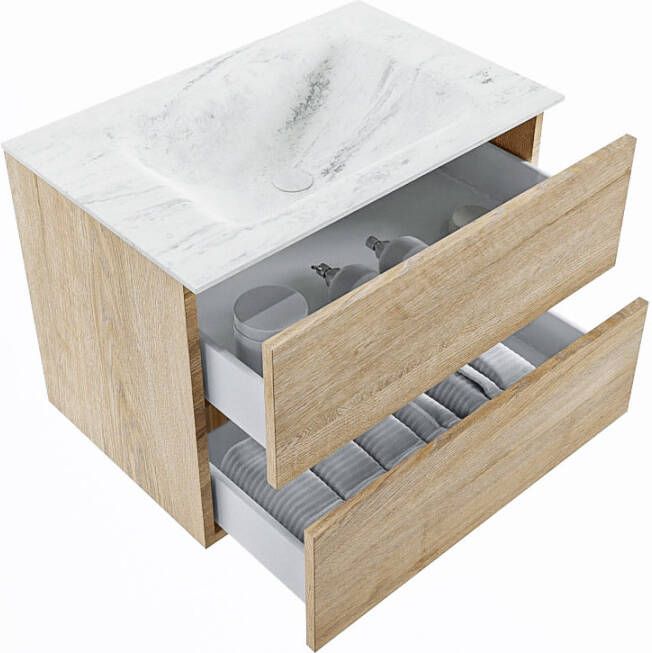 Mondiaz Vica Dlux badmeubel 70cm Washed Oak Cloud wastafel Opalo midden met 1 kraangat