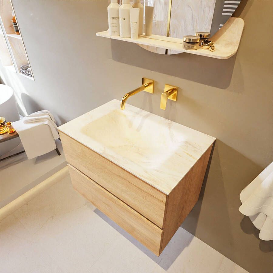 Mondiaz Vica Dlux badmeubel 70cm Washed Oak Cloud wastafel Ostra midden zonder kraangat