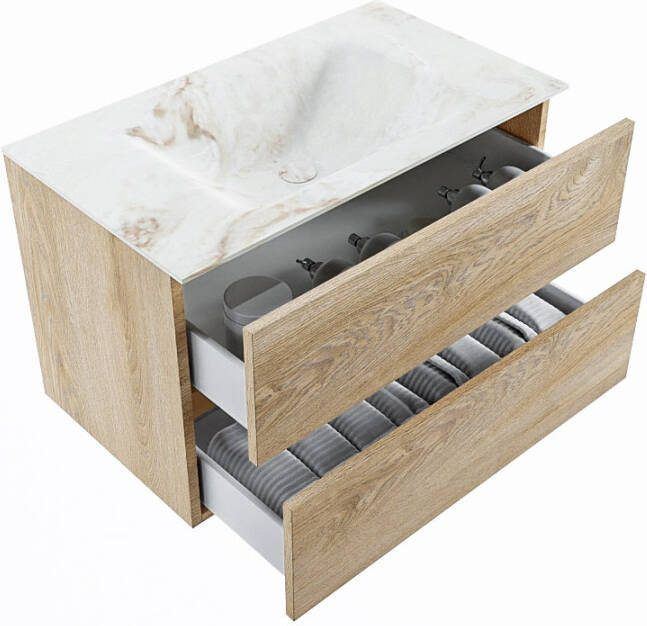 Mondiaz Vica Dlux badmeubel 80cm Washed Oak Cloud wastafel Frappe midden met 1 kraangat