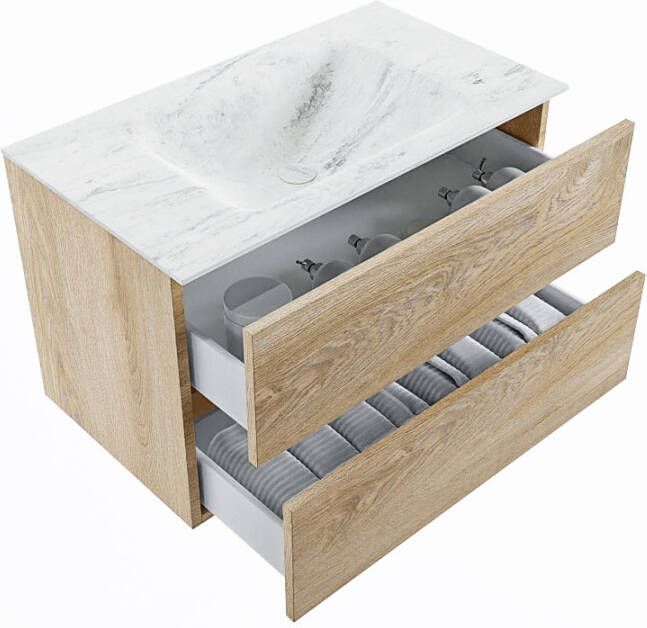 Mondiaz Vica Dlux badmeubel 80cm Washed Oak Cloud wastafel Opalo midden zonder kraangat