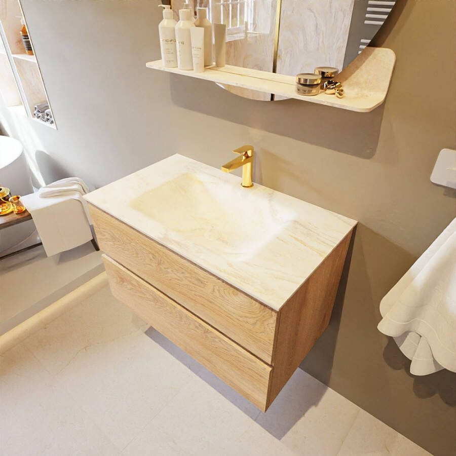 Mondiaz Vica Dlux badmeubel 80cm Washed Oak Cloud wastafel Ostra midden met 1 kraangat