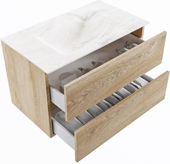 Mondiaz Vica Dlux badmeubel 80cm Washed Oak Cloud wastafel Ostra midden zonder kraangat