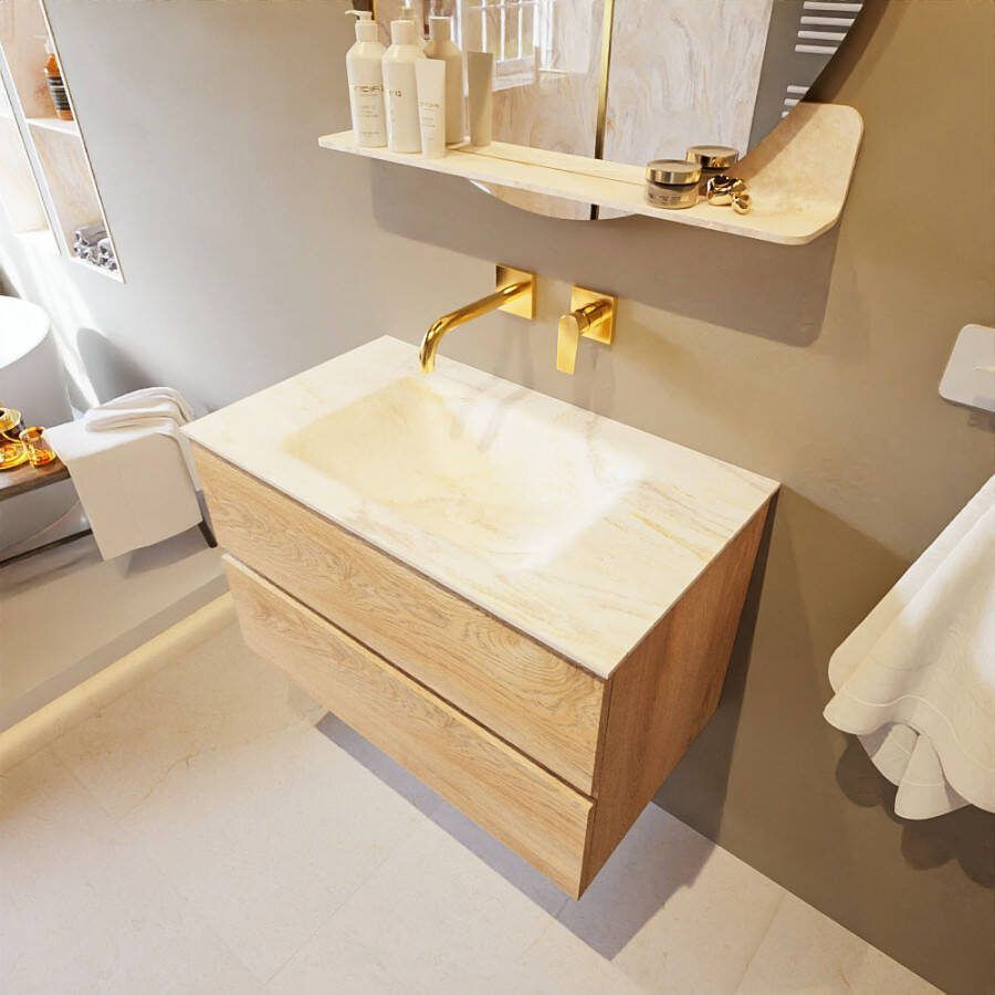 Mondiaz Vica Dlux badmeubel 80cm Washed Oak Cloud wastafel Ostra midden zonder kraangat