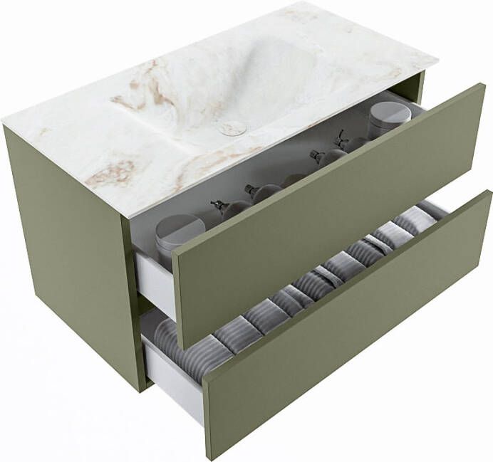 Mondiaz Vica Dlux badmeubel 90cm Army Cloud wastafel Frappe midden met 1 kraangat