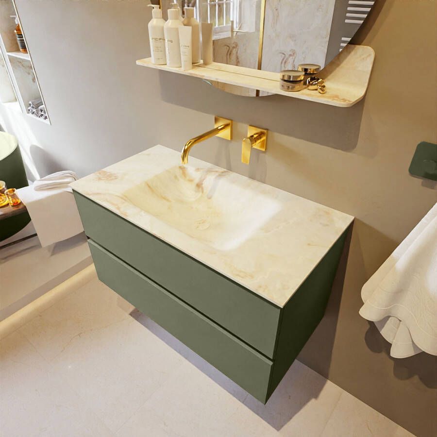 Mondiaz Vica Dlux badmeubel 90cm Army Cloud wastafel Frappe midden zonder kraangat