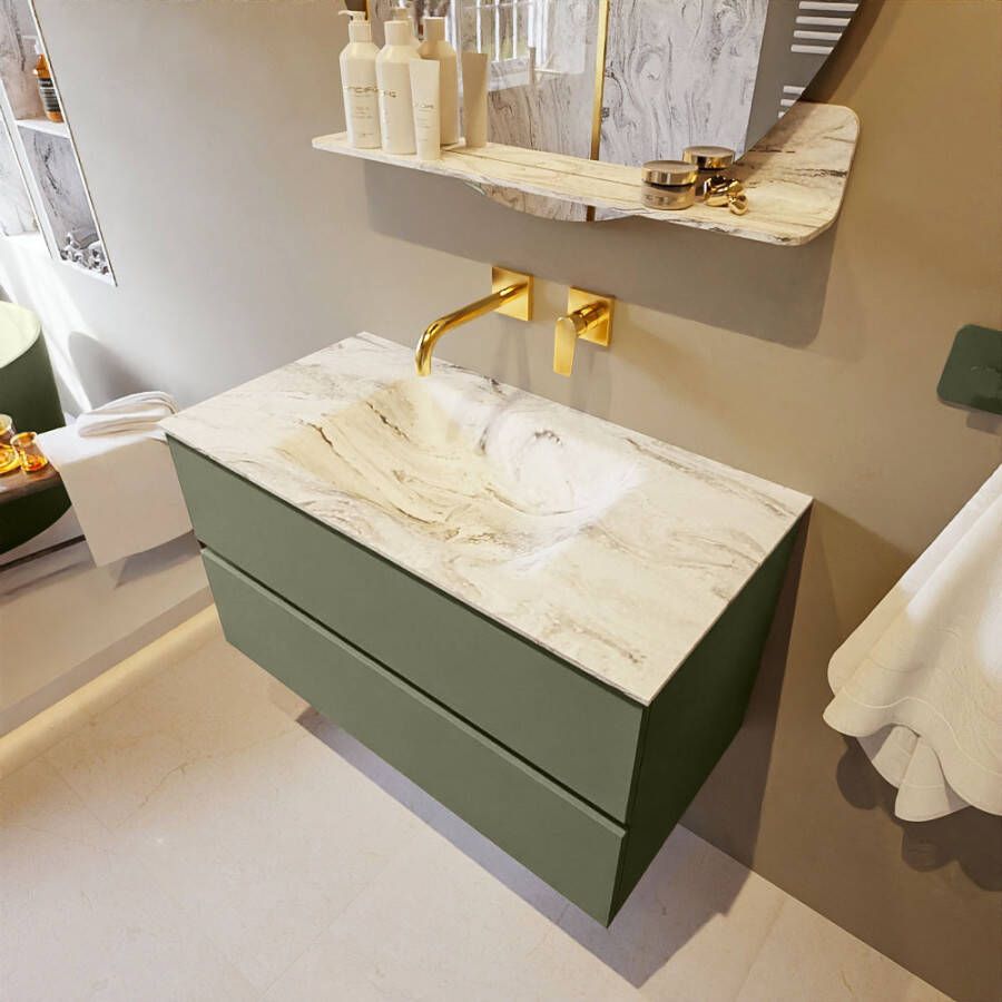 Mondiaz Vica Dlux badmeubel 90cm Army Cloud wastafel Glace midden zonder kraangat